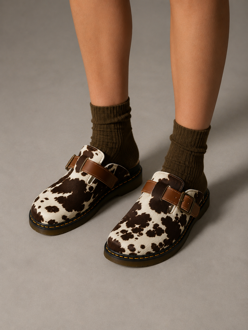 Cow Print Buckle Mules