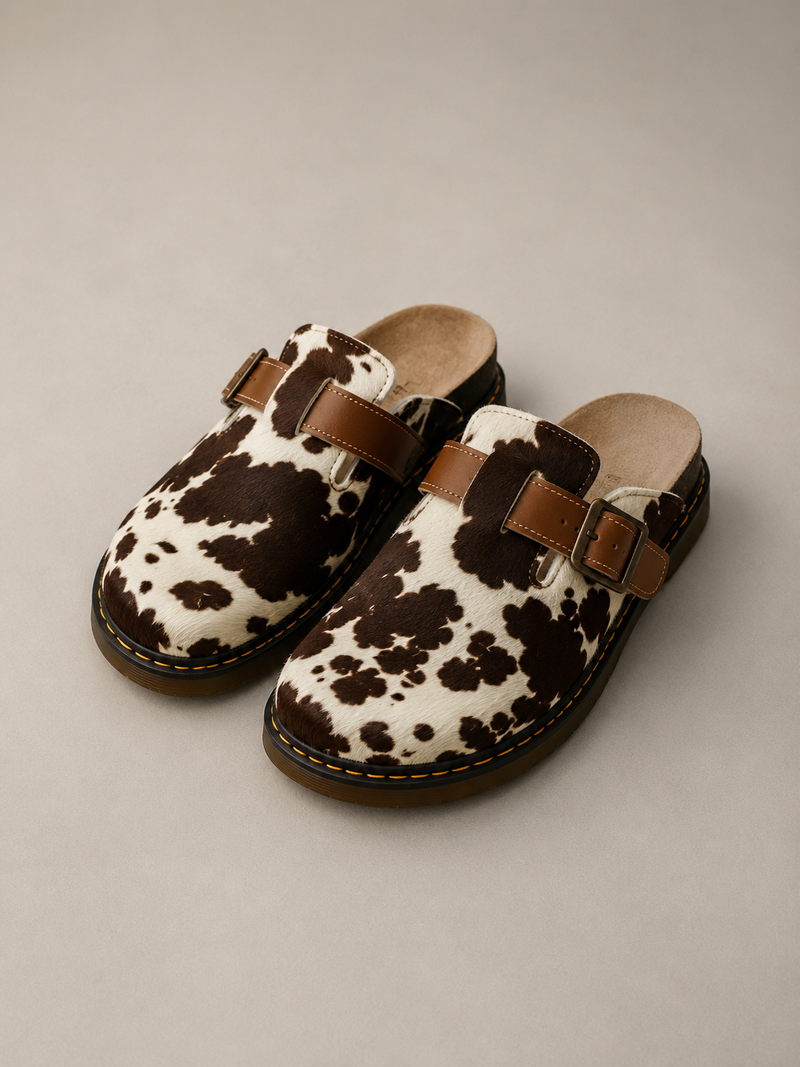 Cow Print Buckle Mules